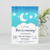 Blue glitter star moon cloud baby shower kaart (Staand voorkant)
