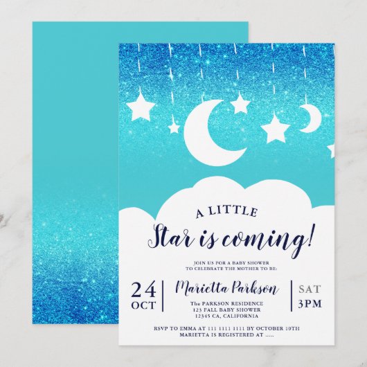 Blue glitter star moon cloud baby shower kaart (Voorkant / Achterkant)