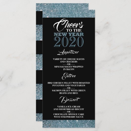 Blue Glitter Stripes, nieuwjaar Menu (Voorkant / Achterkant)