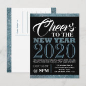 Blue Glitter Stripes, Nieuwjaarsuitnodiging Briefkaart (Voorkant / Achterkant)