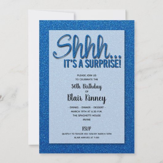 Blue Glitter SURPRISE Birthday Invitations (Voorkant)