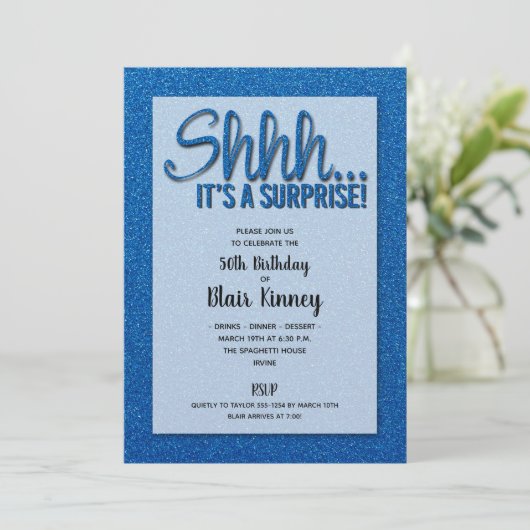 Blue Glitter SURPRISE Birthday Invitations (Staand voorkant)