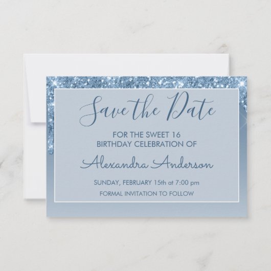 Blue Glitter Sweet 16 Bewaar de datum Kaart (Achterkant)