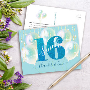 Blue Glitter Sweet 16 Birthday Balloon Dank je Briefkaart