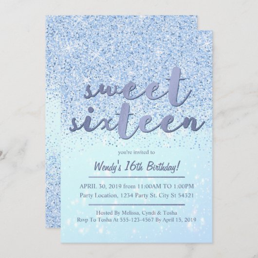 Blue Glitter Sweet 16 Birthday Invitations Kaart (Voorkant / Achterkant)