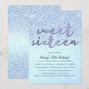Blue Glitter Sweet 16 Birthday Invitations Kaart