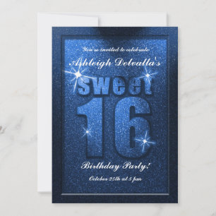 Blue Glitter Sweet 16 Birthday Party Invitation Kaart