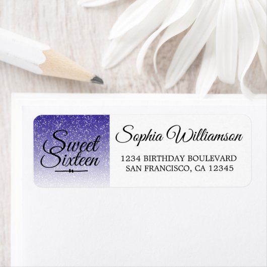 Blue Glitter Sweet 16 Verjaardag retour adres Etiket (Insitu)