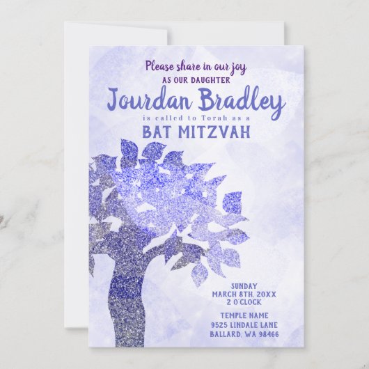 Blue Glitter Tree Bat Mitzvah Invitation Kaart (Voorkant)