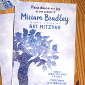Blue Glitter Tree Bat Mitzvah Invitation Kaart