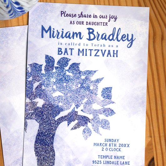 Blue Glitter Tree Bat Mitzvah Invitation Kaart