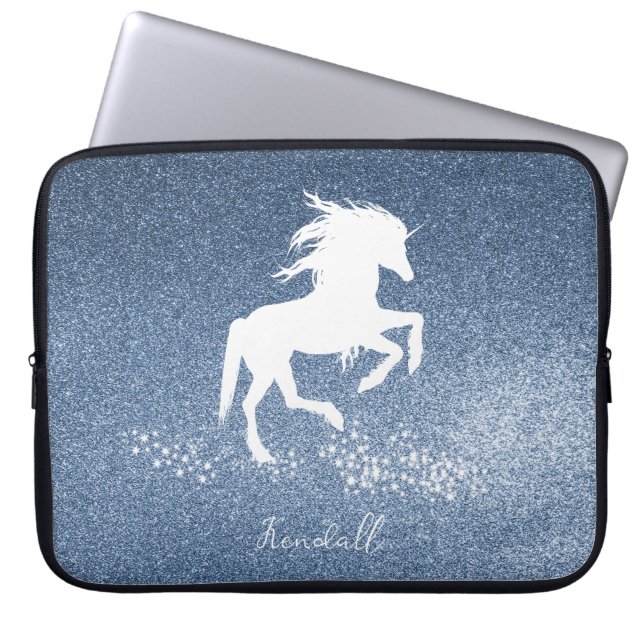 Blue Glitter Unicorn Laptop Sleeve (Voorkant)