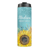 Blue Glitter Waterverf Sunflower Bridesmaid Name Thermosbeker (Voorkant)
