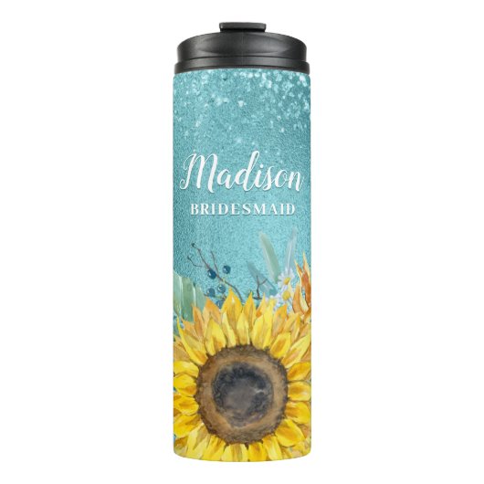 Blue Glitter Waterverf Sunflower Bridesmaid Name Thermosbeker (Voorkant)