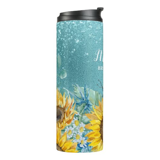 Blue Glitter Waterverf Sunflower Bridesmaid Name Thermosbeker (Gedraaid links)