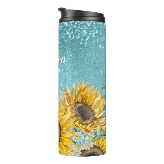 Blue Glitter Waterverf Sunflower Bridesmaid Name Thermosbeker (Geroteerd rechts)