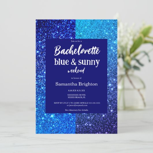 Blue Glitter Weekend Bachelorette Invitation Kaart (Staand voorkant)
