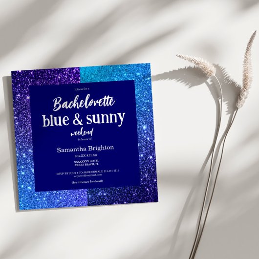 Blue Glitter Weekend Bachelorette Party Invitation Kaart