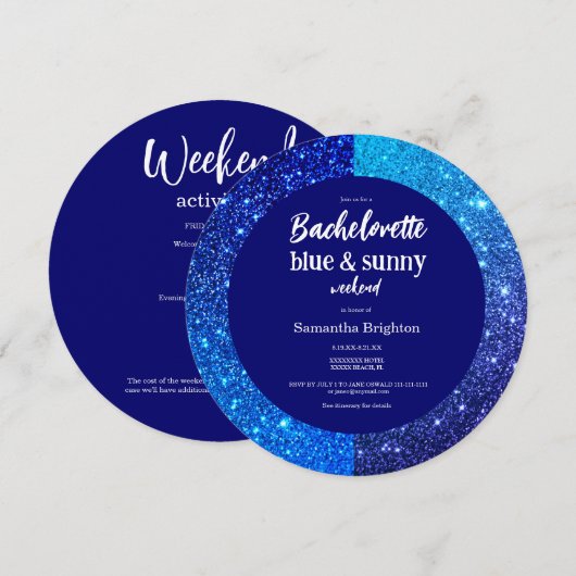 Blue Glitter Weekend Bachelorette Round Invitation Kaart (Voorkant / Achterkant)