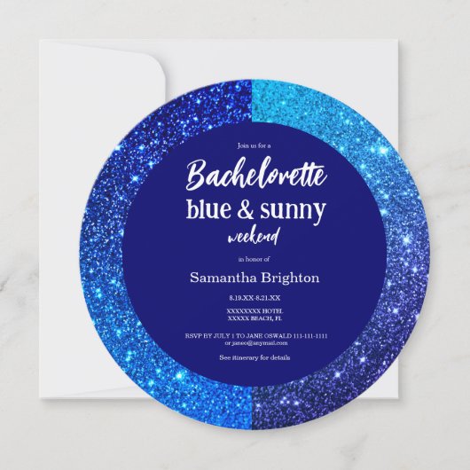 Blue Glitter Weekend Bachelorette Round Invitation Kaart (Voorkant)