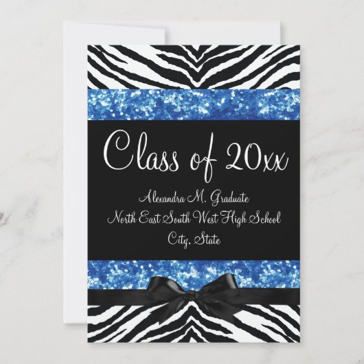 Blue Glitter Zebra Bow Afstuderen nodigt uit Kaart (Voorkant)