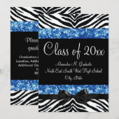 Blue Glitter Zebra Bow Afstuderen nodigt uit Kaart (Voorkant / Achterkant)