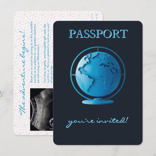 Blue Globe Passport Travel Baby Shower Bedankkaart (Voorkant / Achterkant)