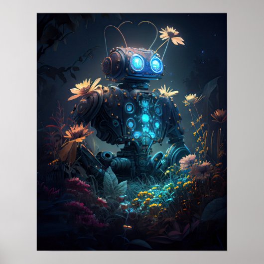 Blue Glow Bot & Bloemen Poster (Voorkant)