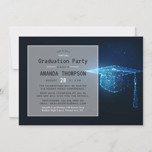 Blue Glow Futuristic Virtual Graduparty Kaart (Voorkant)