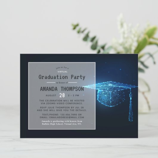 Blue Glow Futuristic Virtual Graduparty Kaart (Staand voorkant)