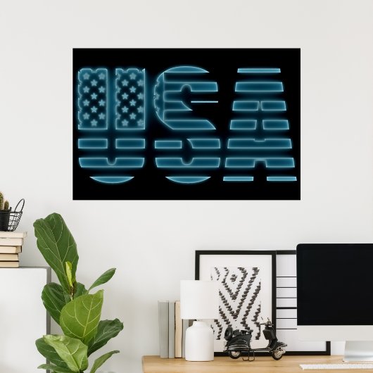 Blue Glow Neon USA American Photo Wall Poster (Thuiskantoor)