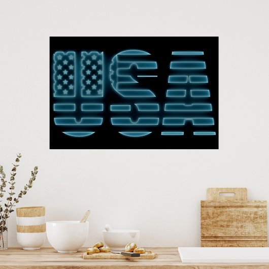 Blue Glow Neon USA American Photo Wall Poster (Keuken)