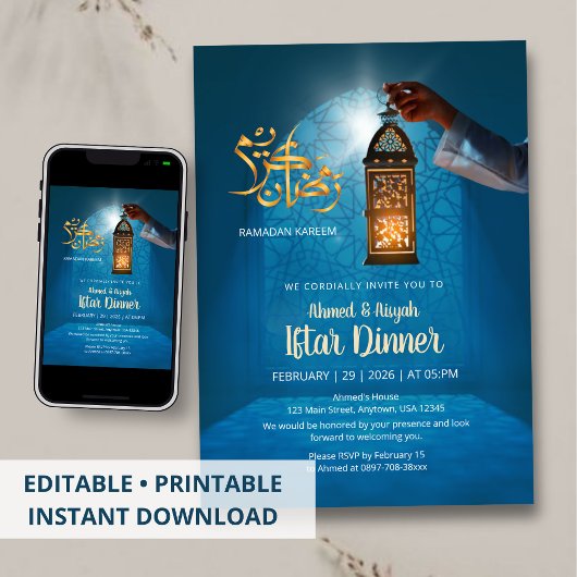 Blue Glow Ramadan with Golden Lantern Iftar Kaart