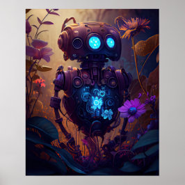 Blue Glow Robot & Paarse Bloemen Poster