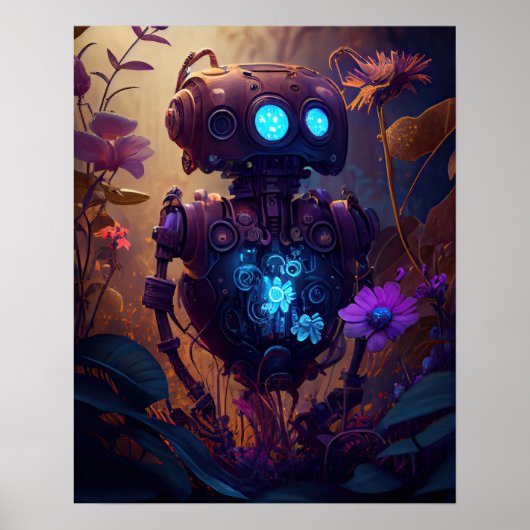 Blue Glow Robot & Paarse Bloemen Poster (Voorkant)