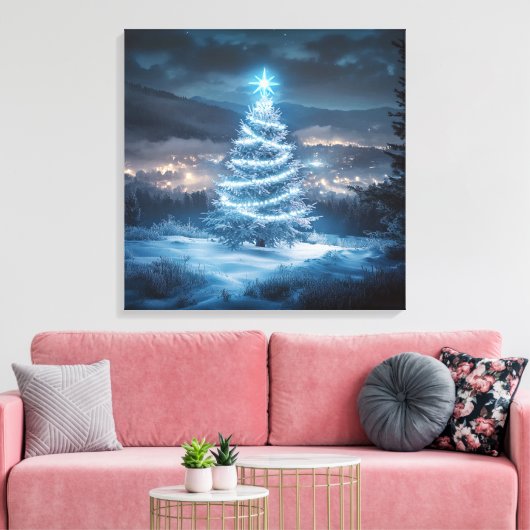Blue Glowing Winter Night Christmas Tree Canvas Afdruk (Insitu (Woonkamer))