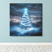 Blue Glowing Winter Night Christmas Tree Canvas Afdruk (Insitu (Houten vloer))
