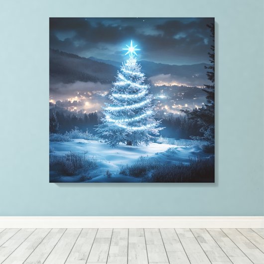 Blue Glowing Winter Night Christmas Tree Canvas Afdruk (Insitu (Houten vloer))