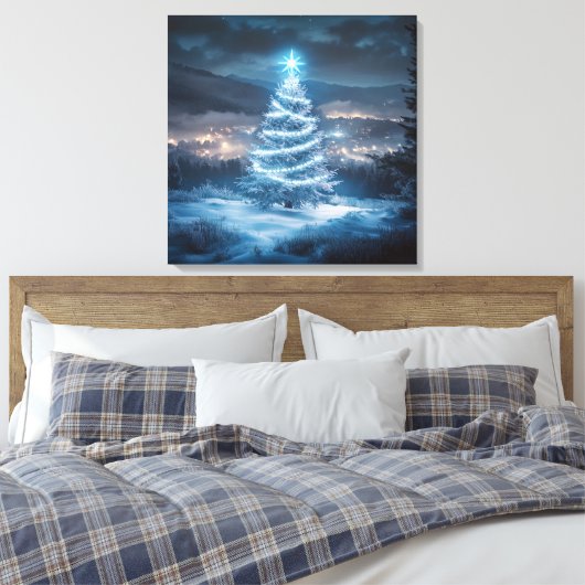 Blue Glowing Winter Night Christmas Tree Canvas Afdruk (Insitu (Slaapkamer))