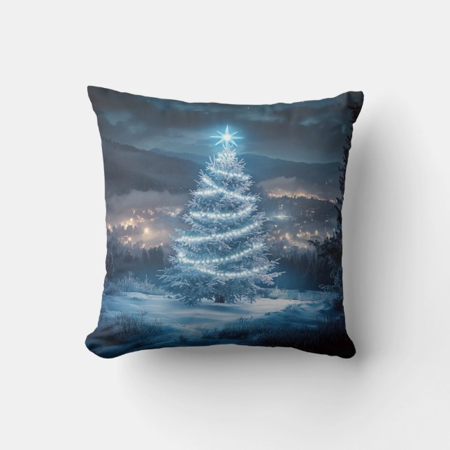 Blue Glowing Winter Night Christmas Tree Kussen (Voorkant)