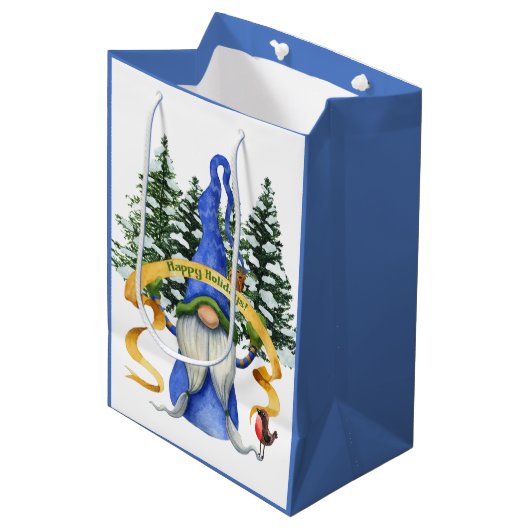 Blue Gnome Holiday wil Medium Cadeauzakje (Voorkant Gekanteld)