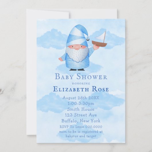 Blue Gnome Sailboat Cloud Baby Shower-uitnodiginge (Voorkant)