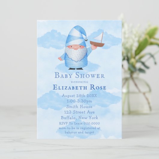 Blue Gnome Sailboat Cloud Baby Shower-uitnodiginge (Staand voorkant)