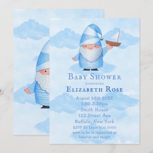 Blue Gnome Sailboat Cloud Baby Shower-uitnodiginge (Voorkant / Achterkant)