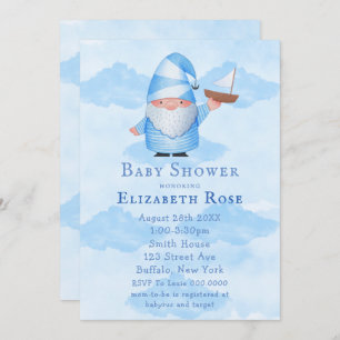Blue Gnome Sailboat Cloud Baby Shower-uitnodiginge