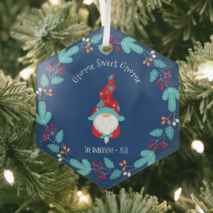 Blue Gnome Sweet Gnome Elf Floral Wreath Whimsical Glas Ornament