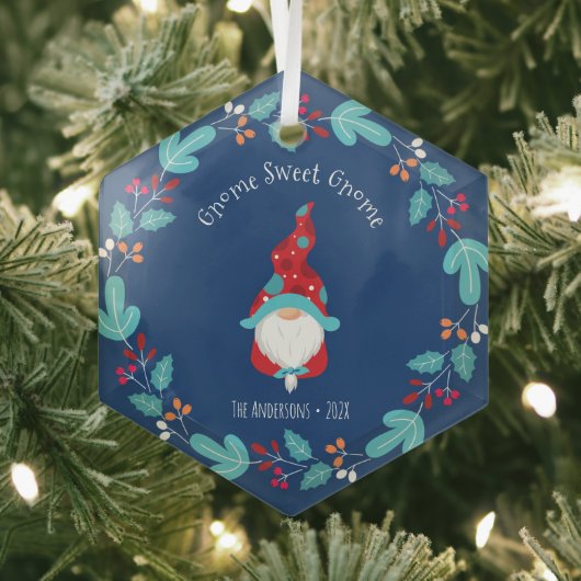 Blue Gnome Sweet Gnome Elf Floral Wreath Whimsical Glas Ornament (Insitu)