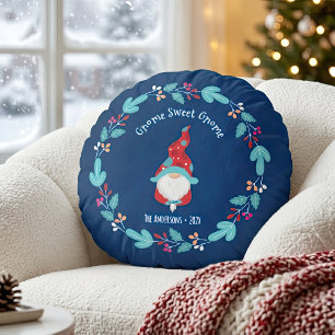 Blue Gnome Sweet Gnome Moderne Elf Bloemen Krans Rond Kussen