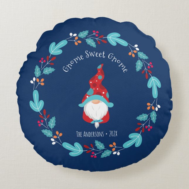 Blue Gnome Sweet Gnome Moderne Elf Bloemen Krans Rond Kussen (Voorkant)