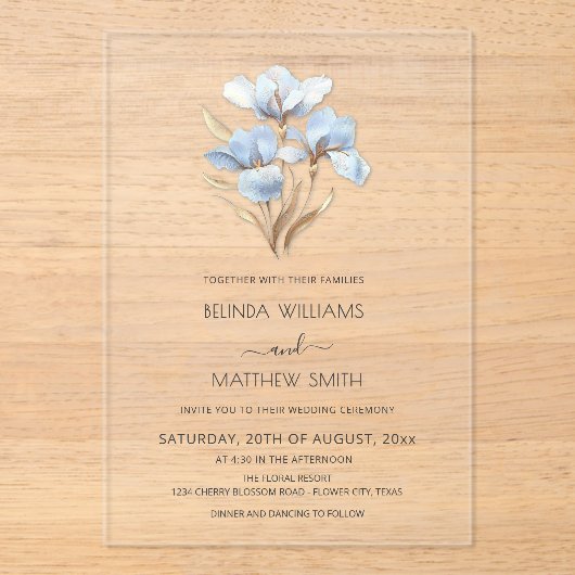 Blue Gold 3D Flowers  Acryl Uitnodigingen (Voorkant)